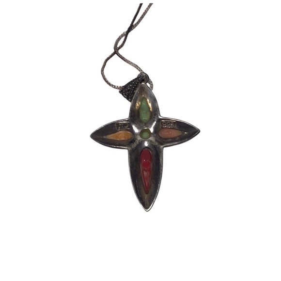 Sterling Silver Marcasite & Multi Stone Cross Pendant Necklace - Picture 2 of 3